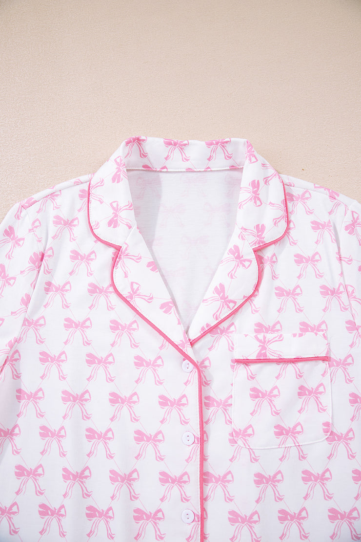 Pink Bow Print Long Sleeve Shirt and Pants Soft Pajama Set