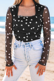 Black Heart Shape Mesh Patchwork Square Neck Bodysuit