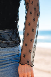Black Star Print Mesh Sheer Slim Long Sleeve Top