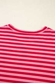 Strawberry Pink Mix Striped Drop Shoulder Patchwork Sleeve V Neck Pullover