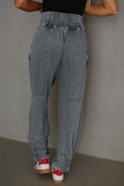 Medium Grey Mineral Wash Jogger Style High Waist Casual Pants