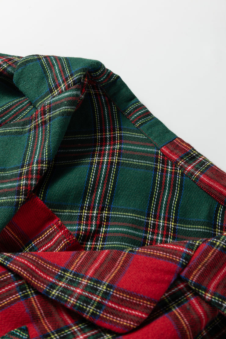 Red Plaid Contrast Patched Christmas Holiday Long Sleeve Shirt and Short 2pcs Pajama Set