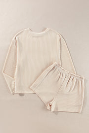 Parchment Corded Knit Long Sleeve Top and High Waist Shorts Set