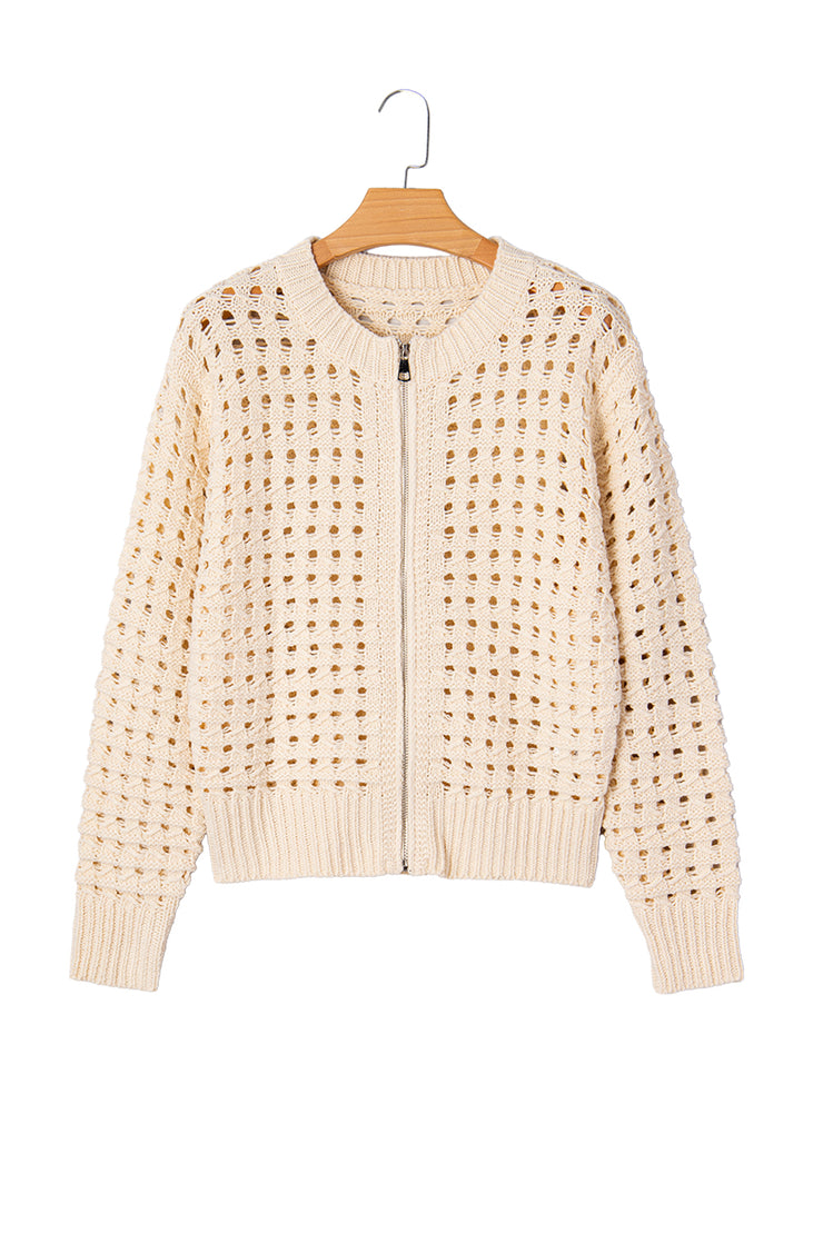 Beige Hollowed Pattern Knit Zip Up Drop Shoulder Sweater Cardigan