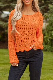 Carrot Solid Color Open Crochet Scallop Edge Sweater