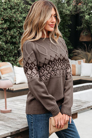 Light French Beige Western Geometric Patterned Crew Neck Knitted Sweater