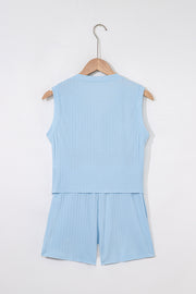 Beau Blue Ribbed Button V Neck Tank Top and Shorts Set