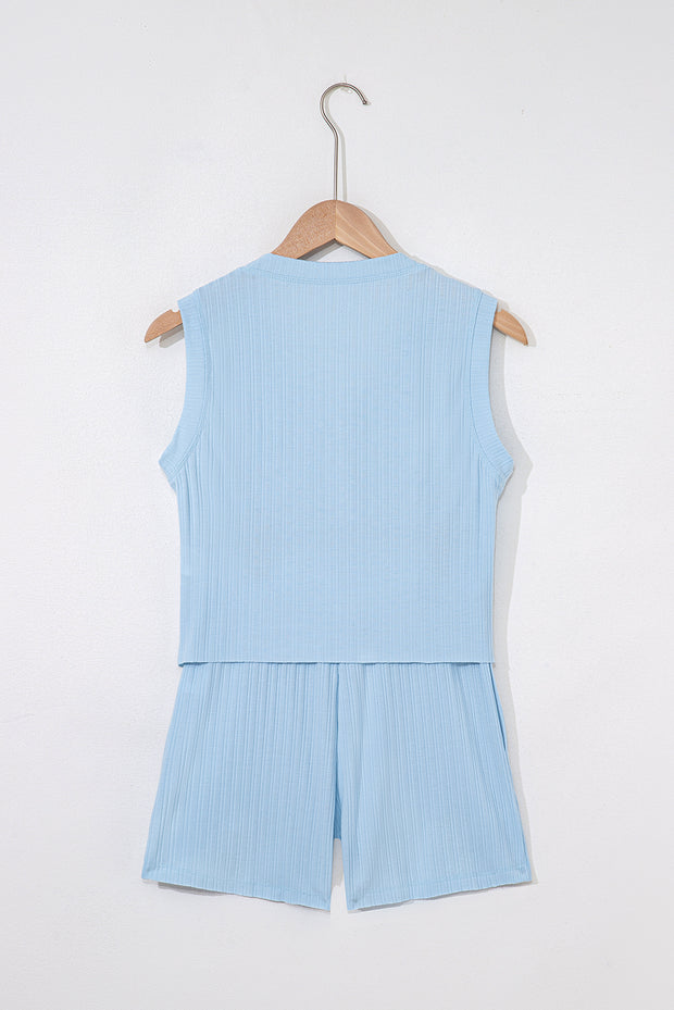 Beau Blue Ribbed Button V Neck Tank Top and Shorts Set