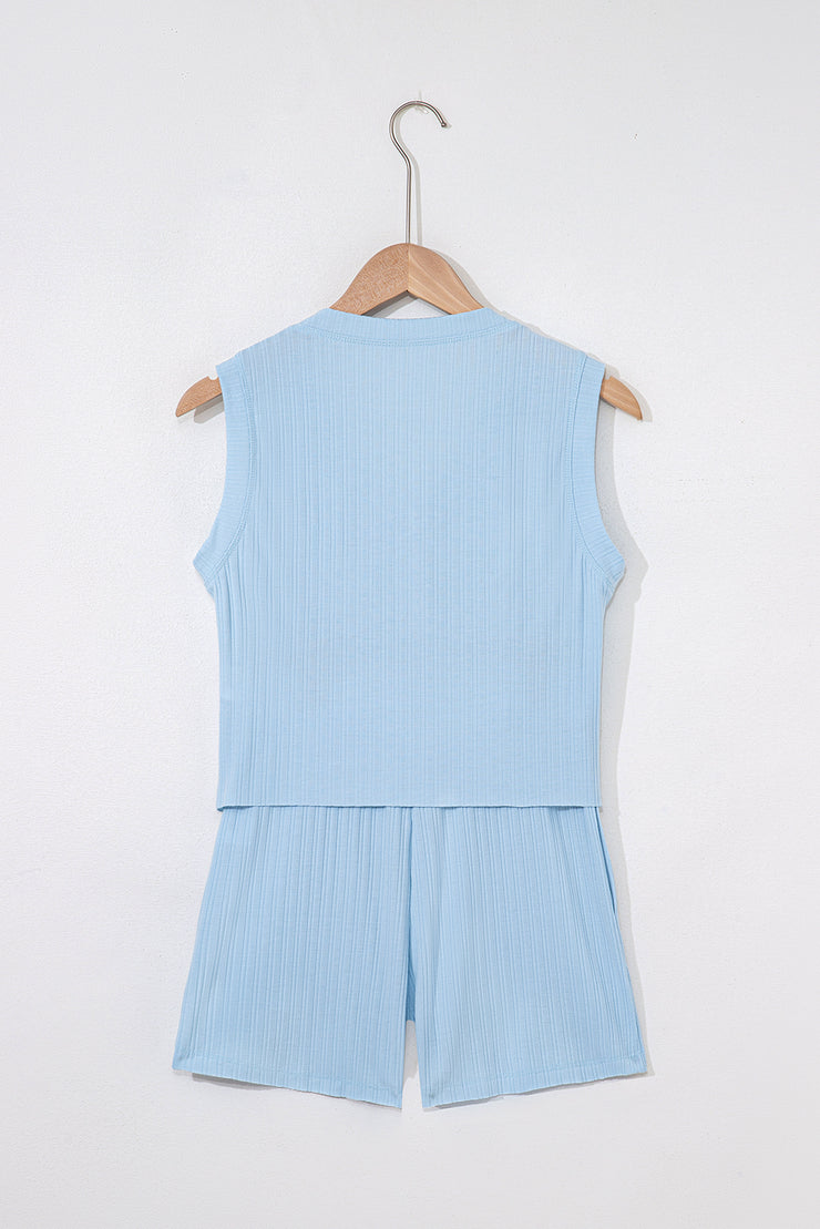Beau Blue Ribbed Button V Neck Tank Top and Shorts Set