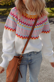 White Ethnic Geometric Colorblock Print Drop Shoulder Sweater