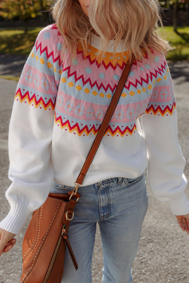 White Ethnic Geometric Colorblock Print Drop Shoulder Sweater