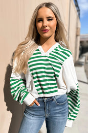 Green Stripe Colorblock Collared V Neck Cropped Knit Pullover