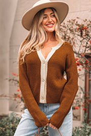 Chestnut Contrast Knit V Neckline Short Cardigan