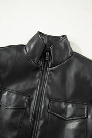 Black Double Flap Pocket Faux Leather Zip Up Stand Neck Vest
