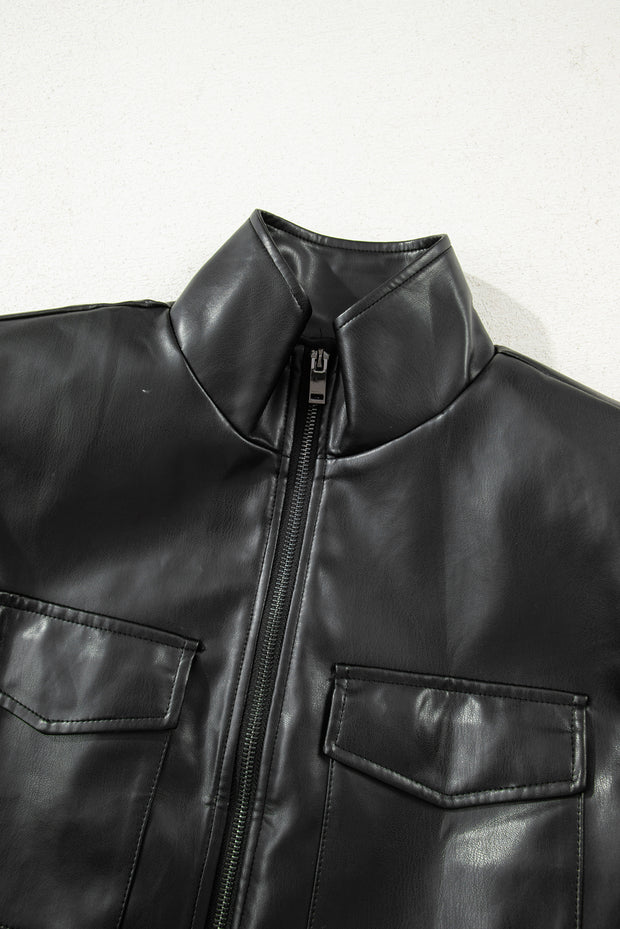 Black Double Flap Pocket Faux Leather Zip Up Stand Neck Vest