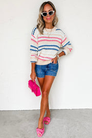 Khaki Stripe Eyelet Patterned Drop Shoulder Sweater