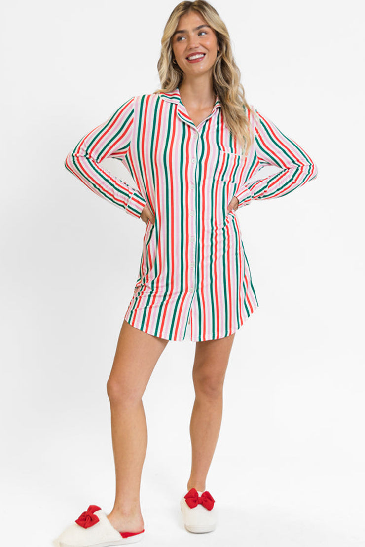 Pink Stripe Christmas Long Sleeve Shirt Style Lounge Dress