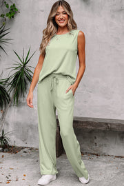 Smoke Green Textured Tank Top and Drawstring High Waist Pants Set