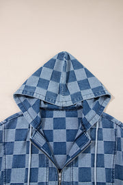 Sky Blue Checkerboard Zipped Neck Kangaroo Pocket Denim Hoodie