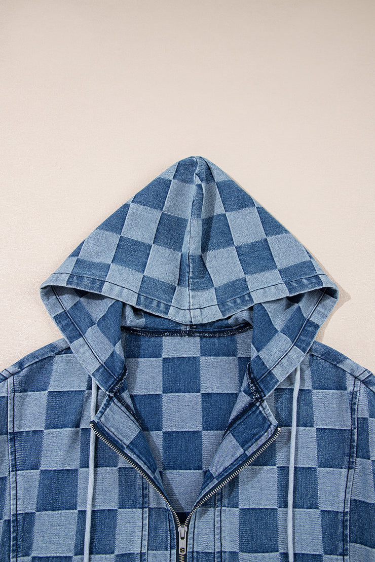 Sky Blue Checkerboard Zipped Neck Kangaroo Pocket Denim Hoodie
