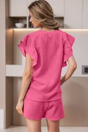 Bonbon Textured Ruffled Sleeve Tee and Drawstring Elastic Waistband Shorts Set