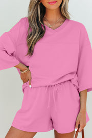 Bonbon Solid Loose V Neck Half Sleeve Tee and Shorts
