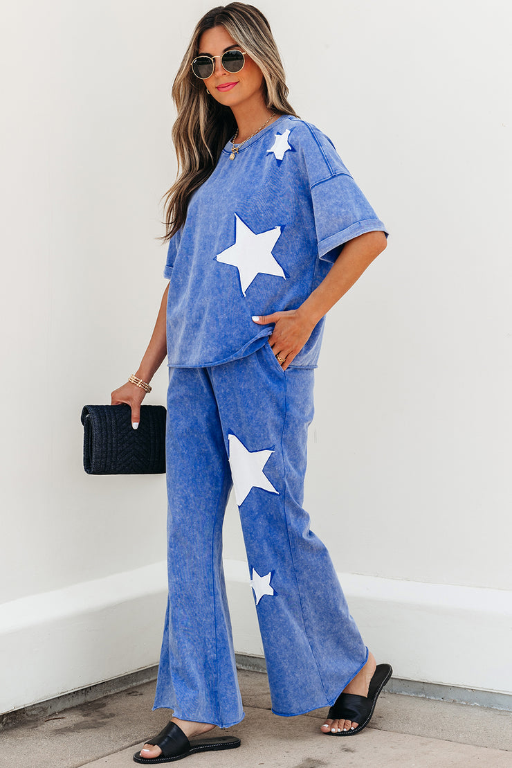 Ashleigh Blue Acid Wash Star Patched Rolled Trim Pants Set