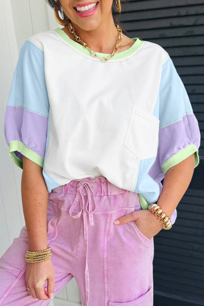 Camiseta oversize de media manga con patchwork y bloques de color blanco