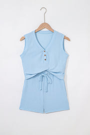 Beau Blue Ribbed Button V Neck Tank Top and Shorts Set