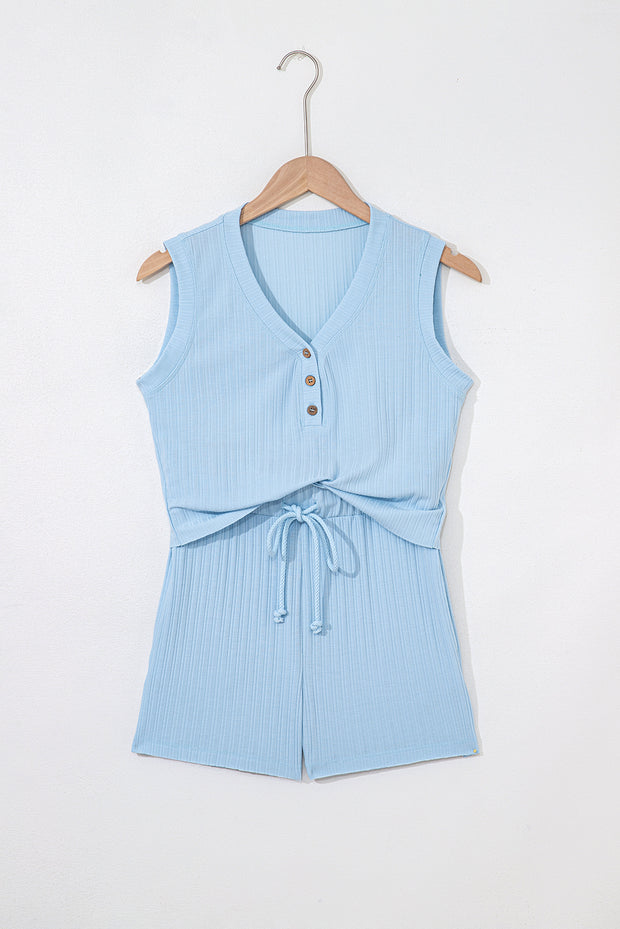 Beau Blue Ribbed Button V Neck Tank Top and Shorts Set