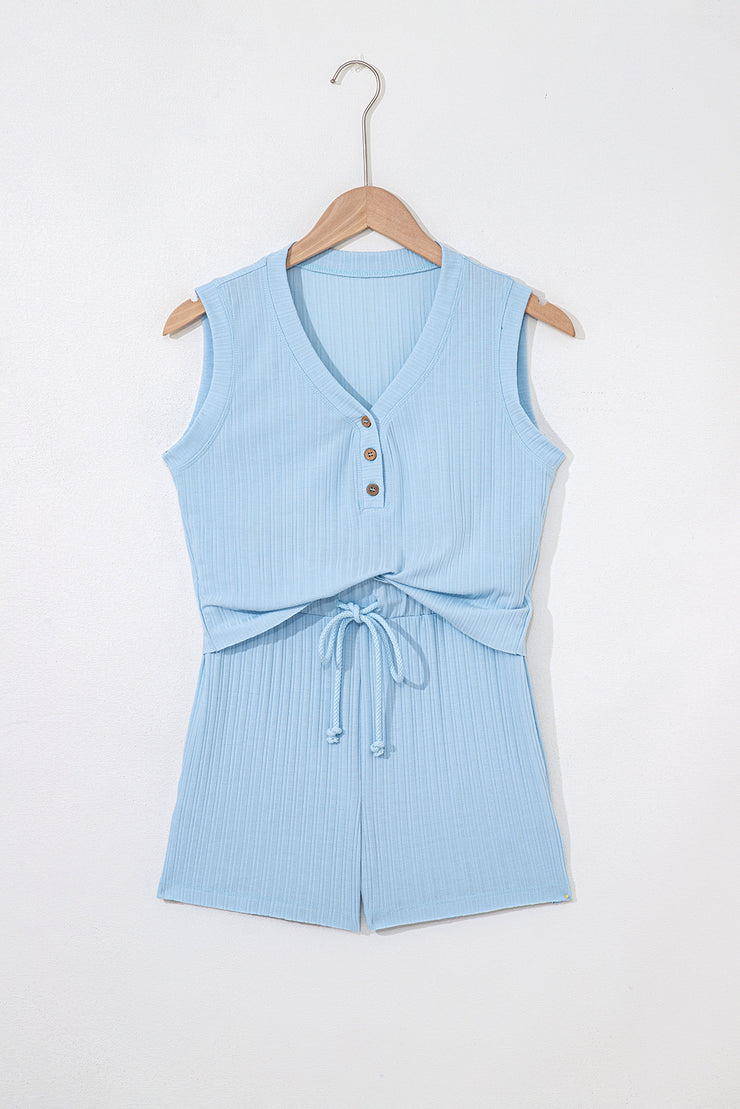 Beau Blue Ribbed Button V Neck Tank Top and Shorts Set