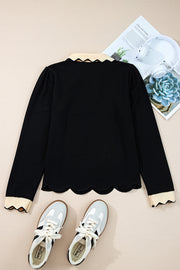 Black Scallop Trim Color Block Long Sleeve Collared Top