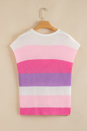 Pink Color Block Notch V Neck Sweater T Shirt