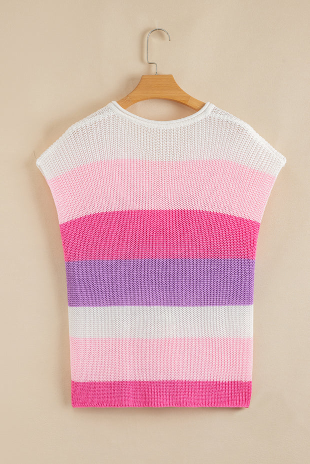 Pink Color Block Notch V Neck Sweater T Shirt