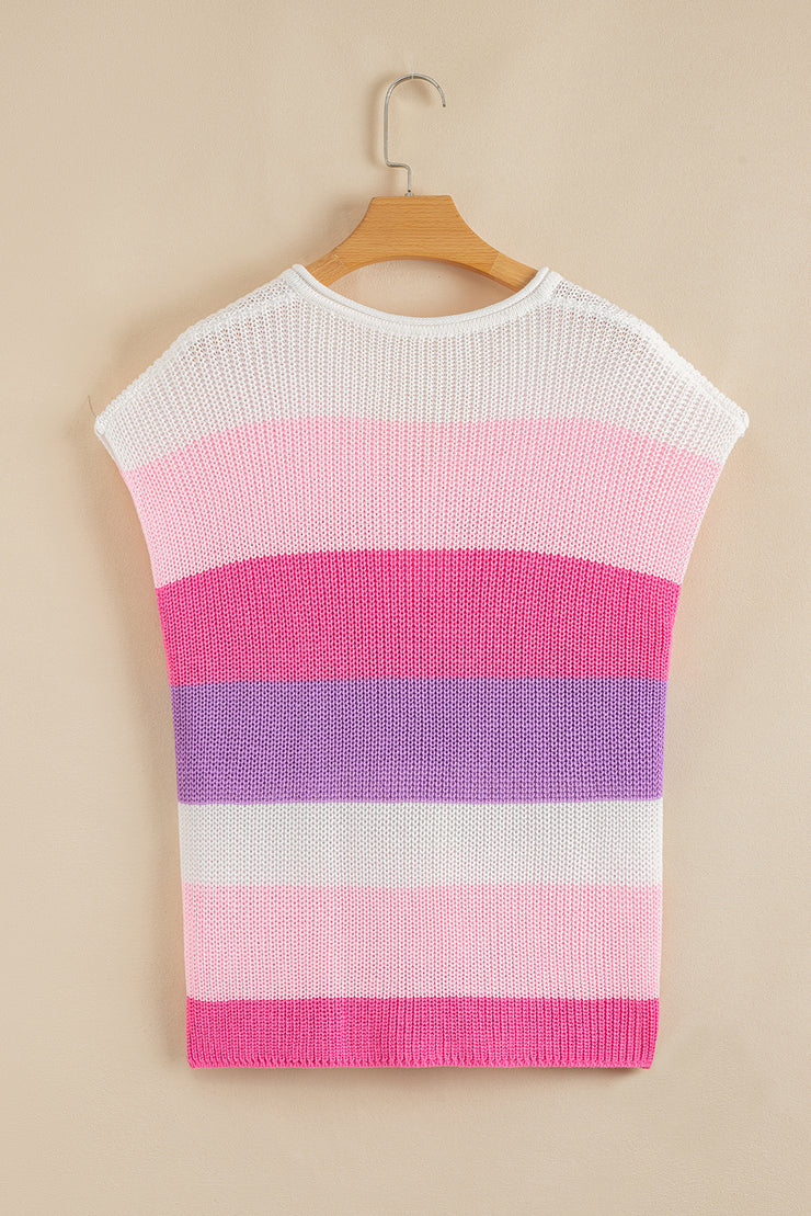 Pink Color Block Notch V Neck Sweater T Shirt