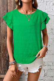 Dark Green Textured Ruffled Sleeve Round Neck Top