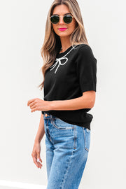 Black Pearl Bow Necklace Embellished Short Sleeve Knitted T Shirt