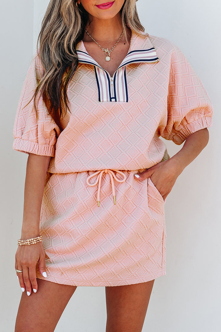 Light Pink Striped Collared Zip up Textured Skirt Set
