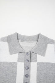 Gray Plus Size Checkered Pattern Button Polo Collar Split Sweater