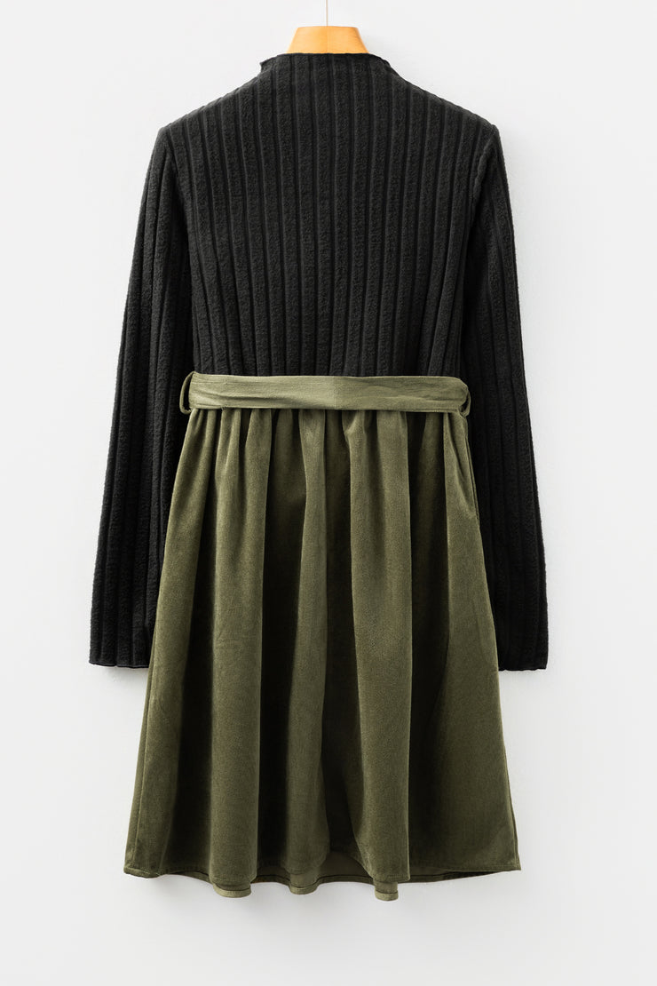 Black Ribbed Knit Slim Bodice Contrast Flared Skirt Patchwork Belted Dress