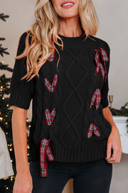 Black Plaid Lace up Detail Christmas Holiday Puff Short Sleeve Sweater