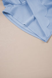 Beau Blue Puff Sleeve Pearl Embellished Scallop Trim Top 2 Piece Skort Set