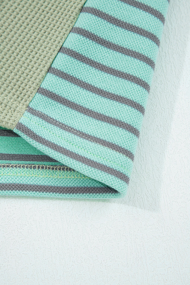 Meadow Mist Green Exposed Seam Waffle Striped Patchwork Baggy Pullover