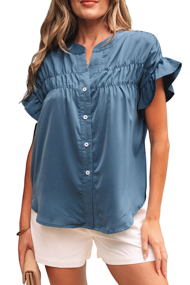 Real Teal Solid Color Ruffle Ruched Short Sleeve Buttoned Shirt