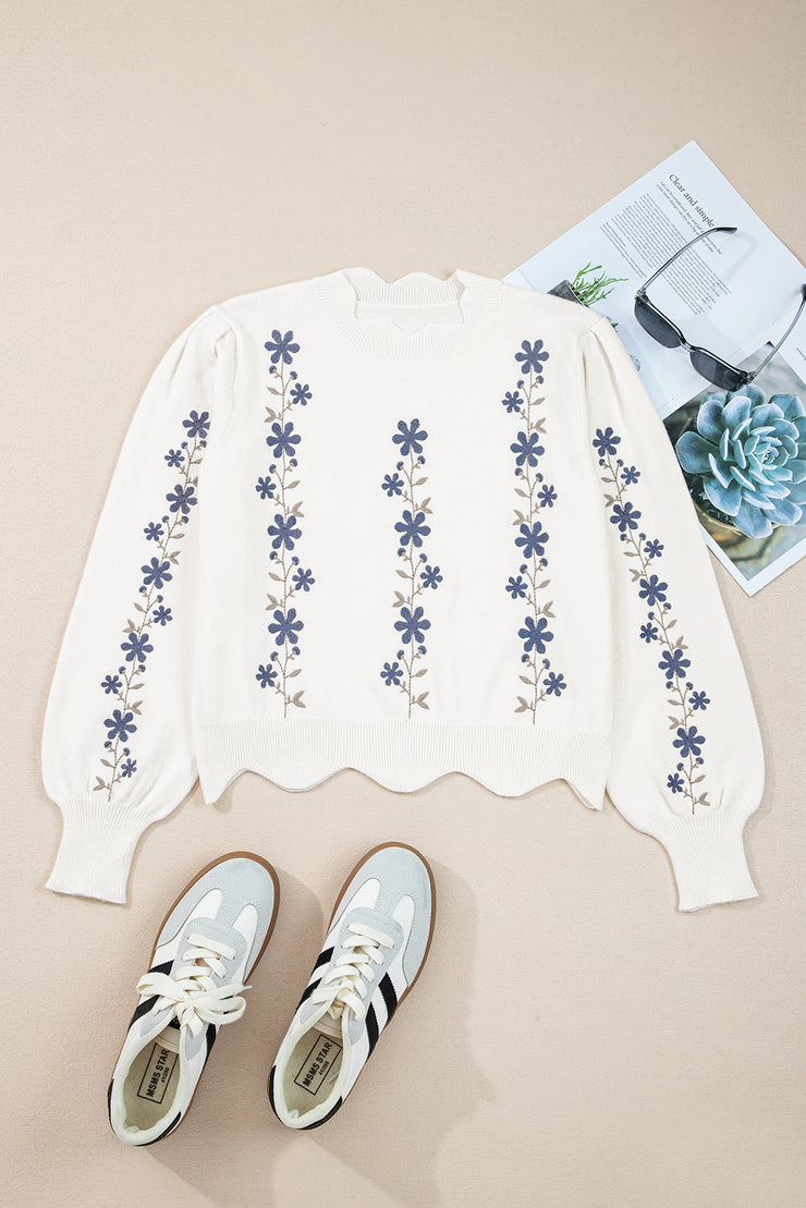 White Floral Embroidered Scallop Hem Cropped Sweater