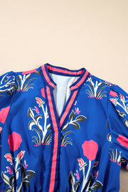 Sky Blue Floral Puff Short Sleeve V Neck High Waist Maxi Dress