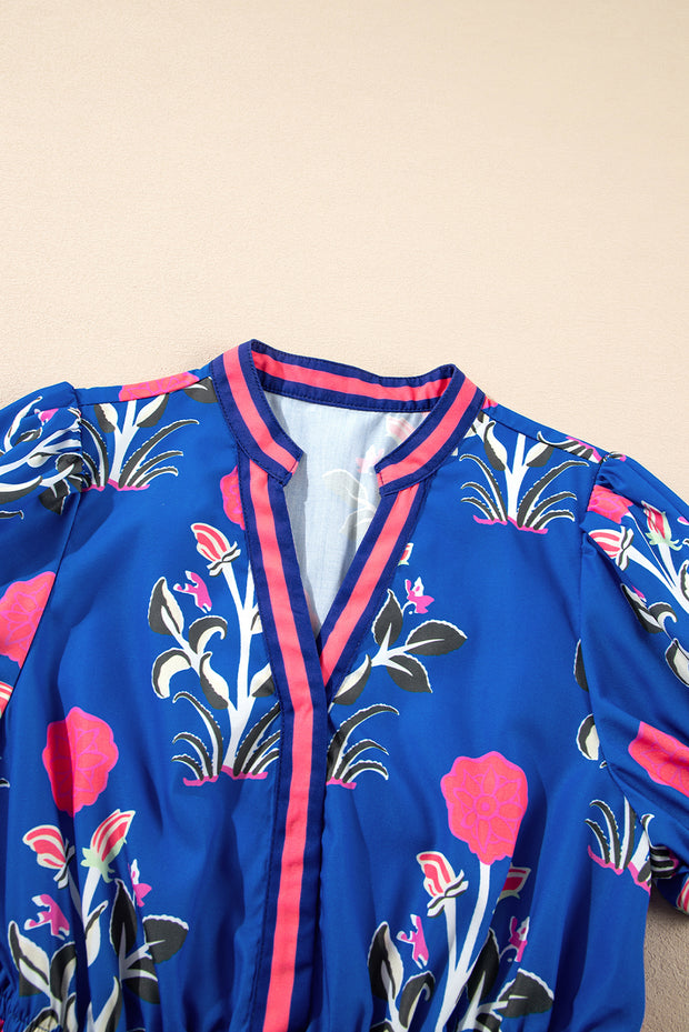 Sky Blue Floral Puff Short Sleeve V Neck High Waist Maxi Dress