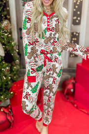 White Christmas Pattern Button V Neck Pullover Drawstring Pants 2pcs Lounge Set