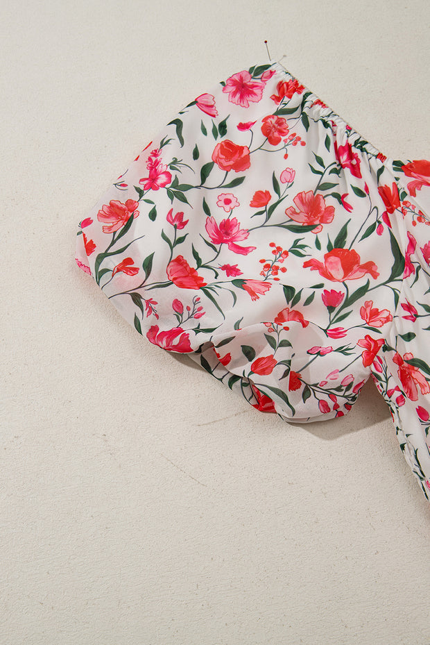 Pink Plus Size Floral Square Neck Puff Sleeve Ruffle Maxi Dress