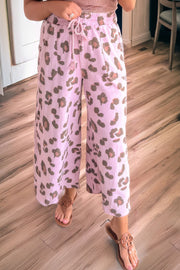 Pink Drawstring Leopard Print Patch Pocket Loose Pants